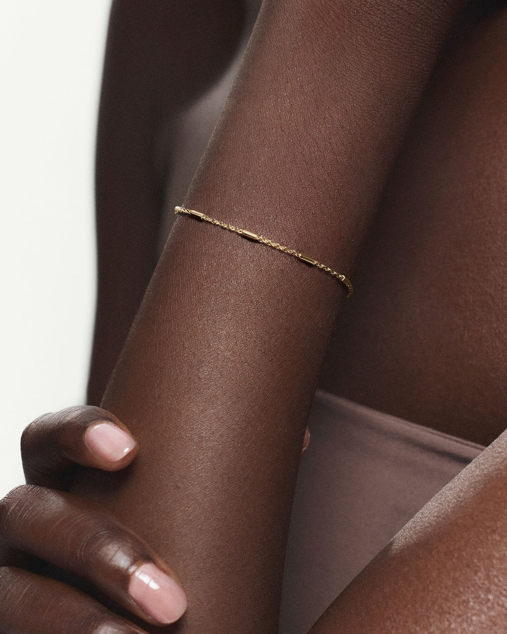 Delicate Bar Link Chain Bracelet – on model