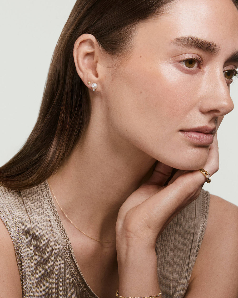 Lab Grown Sapphire Pearl Studs – on model
