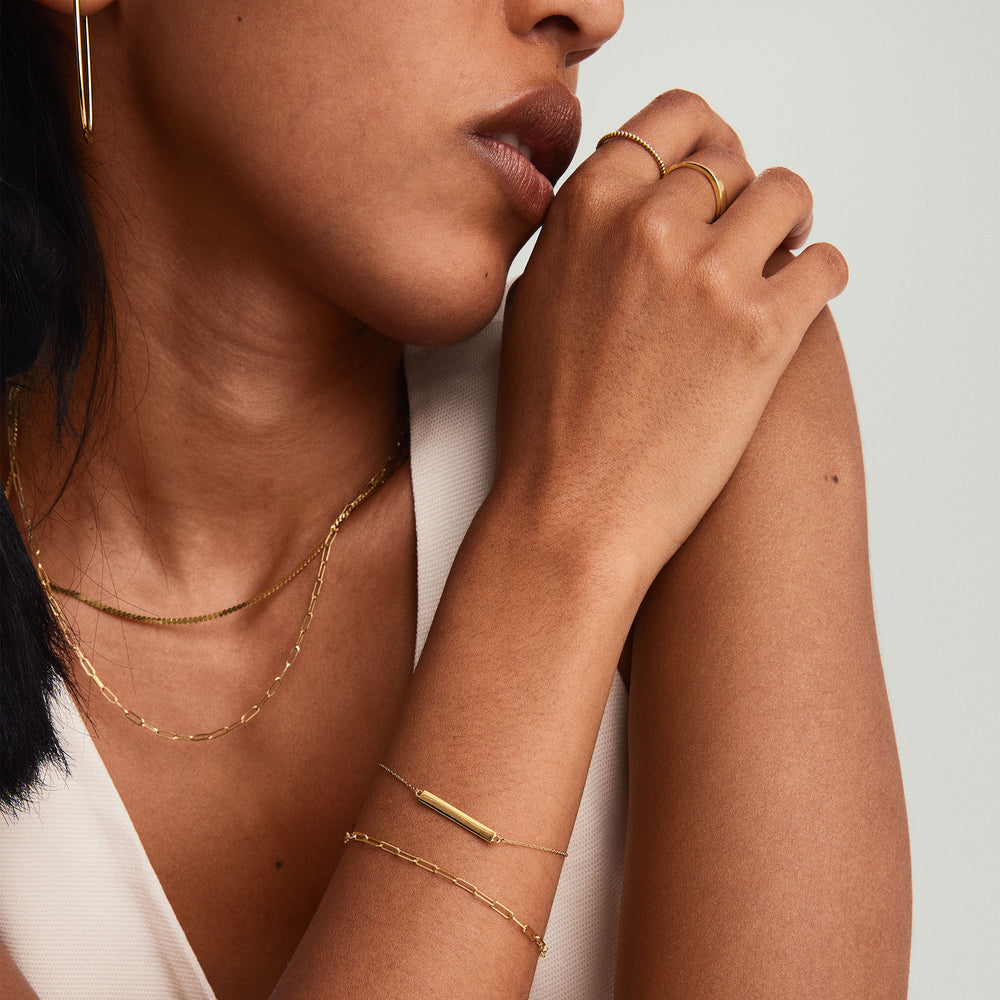 Delicate Engravable Bar Bracelet – on model