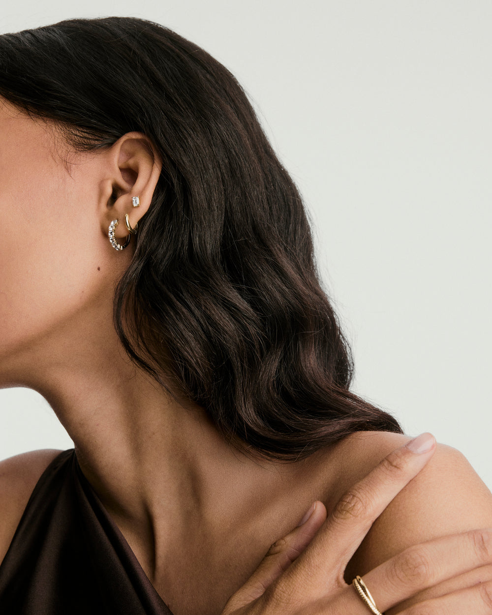 Lab Grown Sapphire Small Hoops – on model