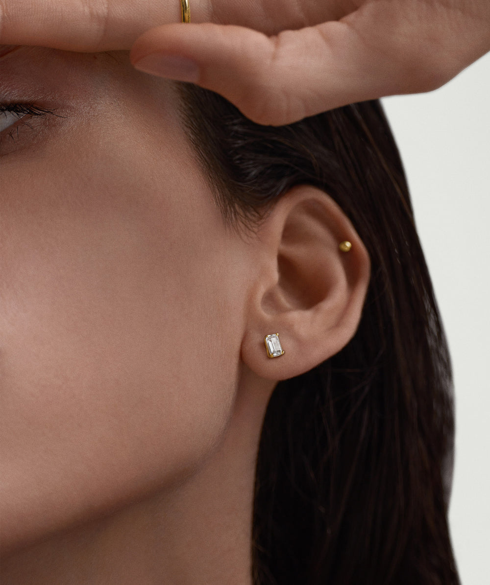 Lab Grown Sapphire Emerald Cut Studs – on model