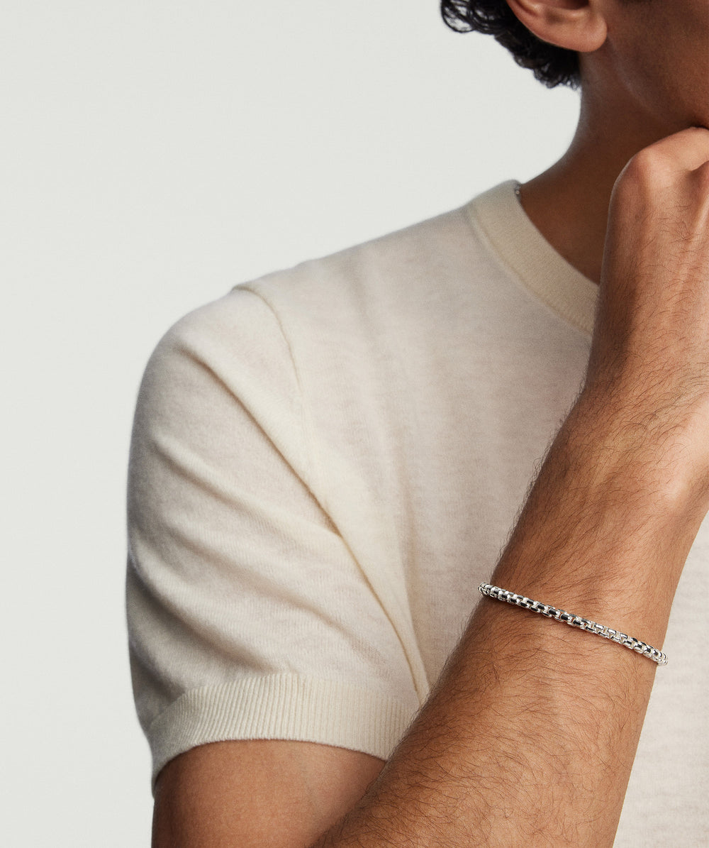 Delicate 4mm Round Box Chain Bracelet Silver – on model