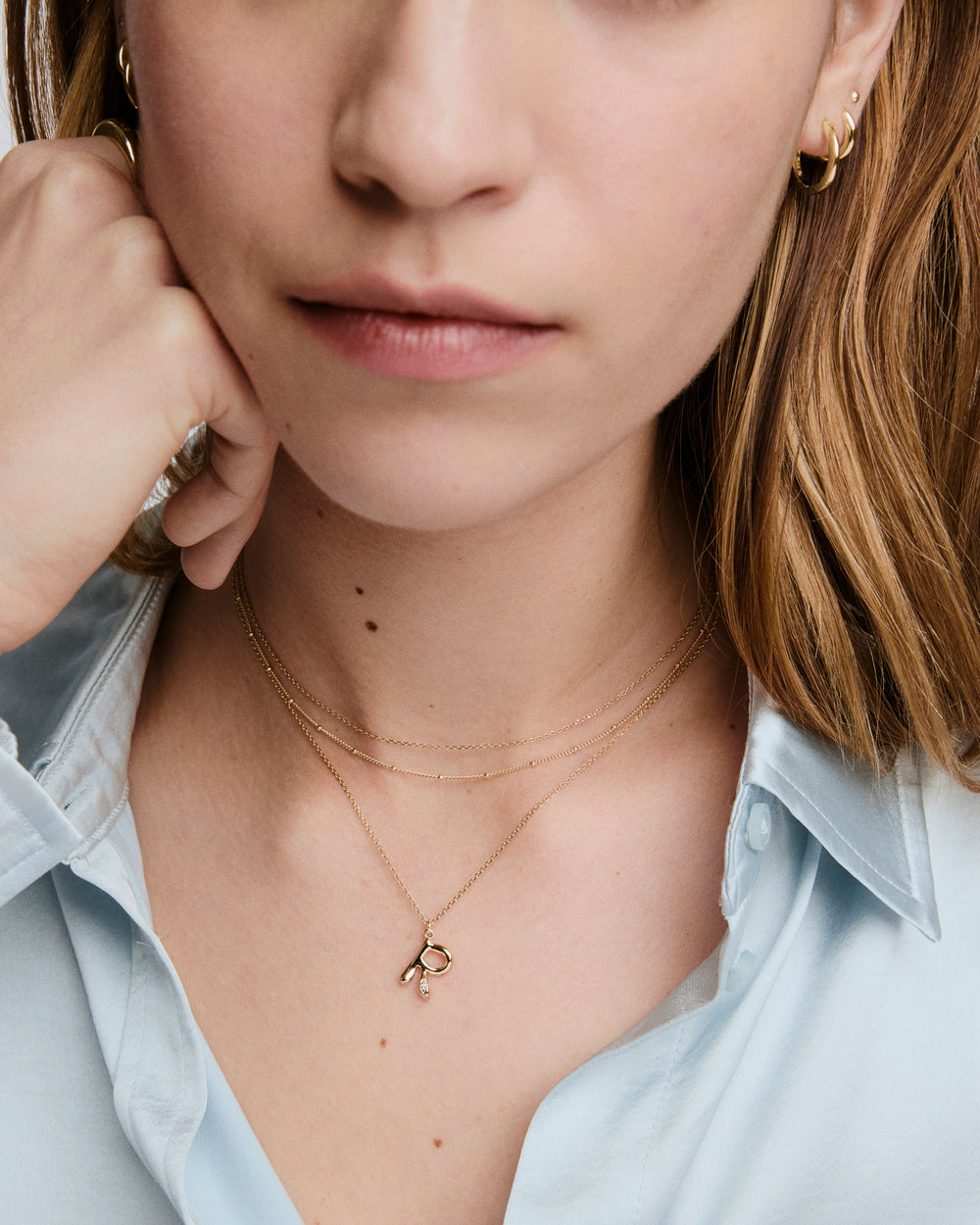 Elegant Organic Dome Liquid Letter Pendant Necklace – on model
