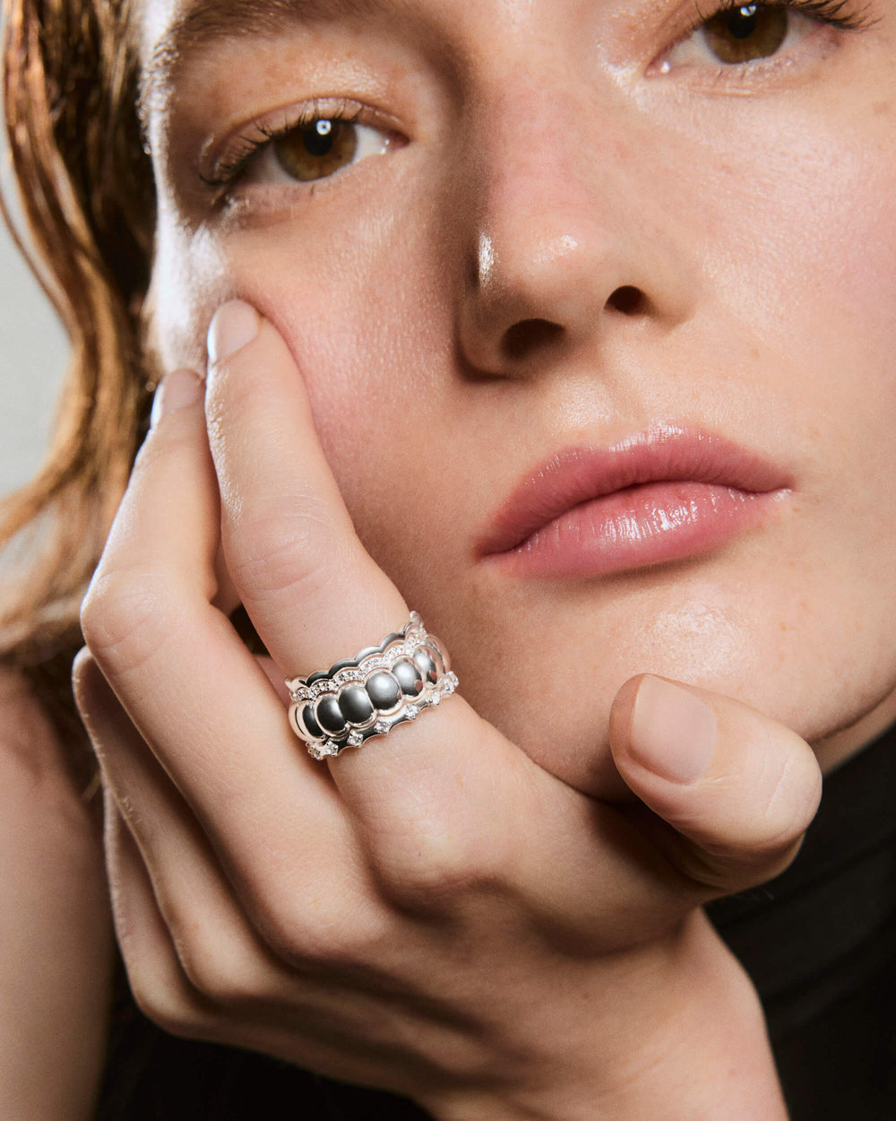 Polished Puffy Charlotte Stacker Ring – on model