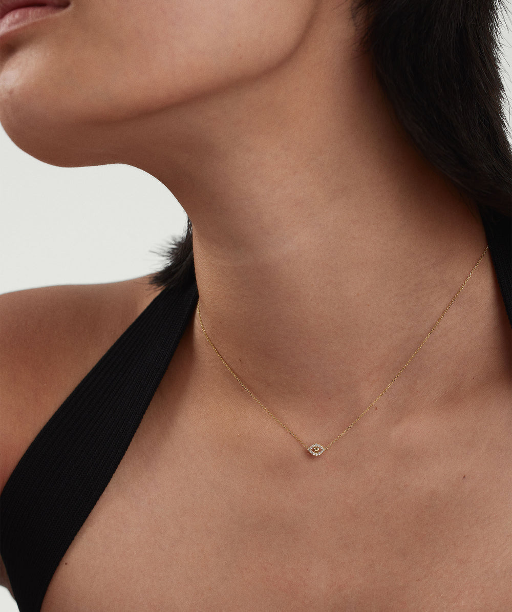 Elegant Pavé Diamond Evil Eye Necklace – on model